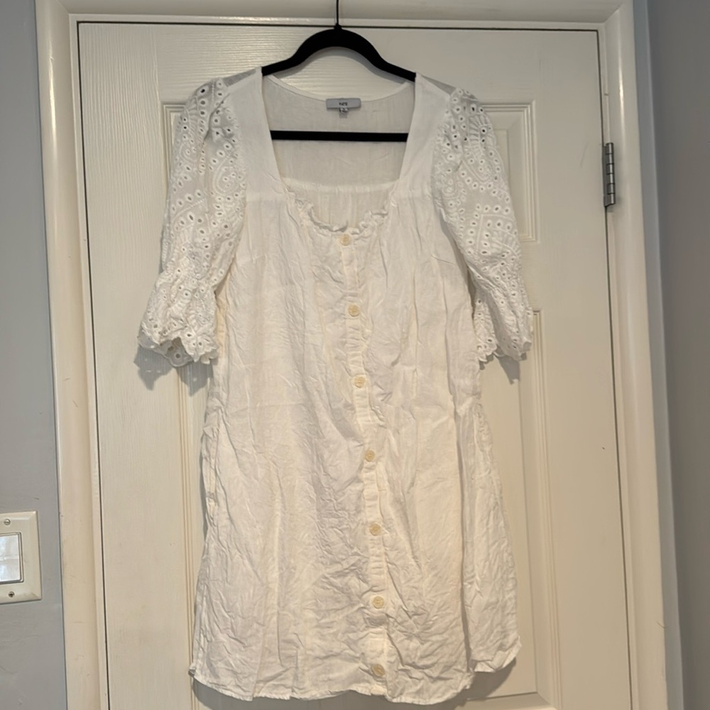 White Button Down Dress with Eyelet Sleeves